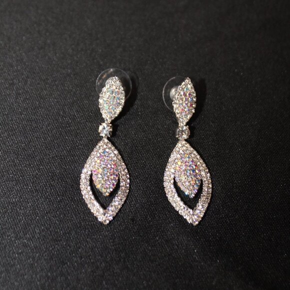 Aurora Borealis and Clear Crystal Dangle Pierced Earrings - Picture 7 of 9